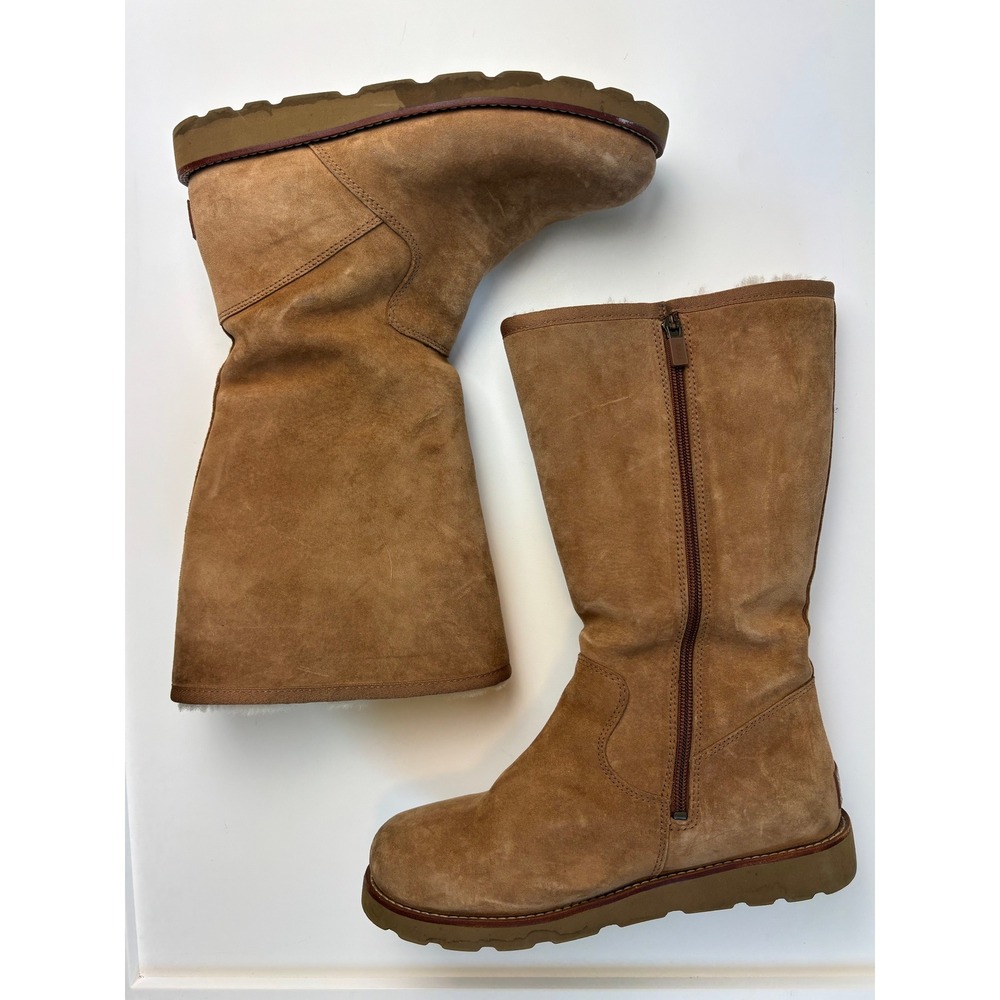 UGG Etta Tall Waterproof Boots Brown Suede Womens 9 Shearling Lined Zip
